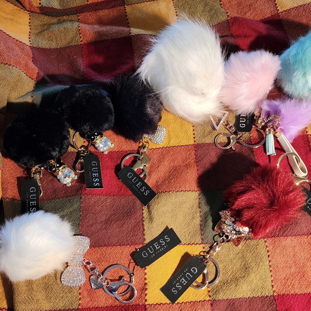 GUESS Fuzzy Pom Pom Keychain Lot Of 7 NEW WITH TAGS, Various Colours Retail $120